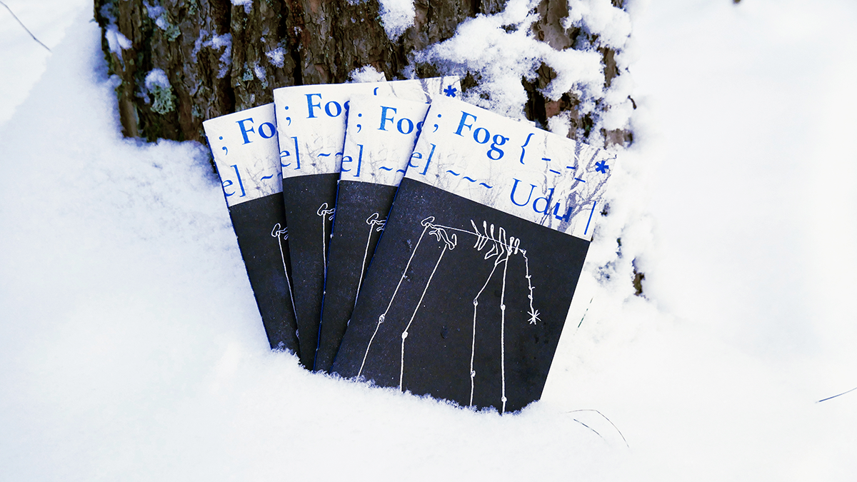 Risograph zines about Estonia laid out on snow